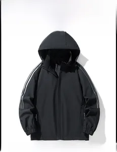 Detail of waterproof outdoor jacket with triple side stripes and adjustable drawstring hood