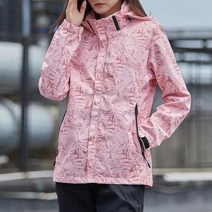 Veste outdoor à imprimé feuilles roses avec tissu imperméable et capuche réglable