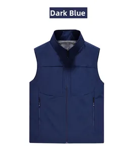 Detail of navy blue outdoor fishing vest with standing collar and breathable mesh lining