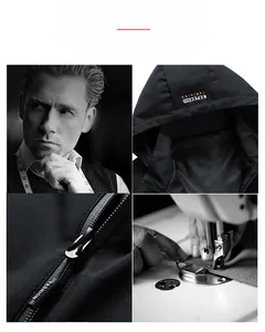 Detailed close-up of hooded jacket features including fashion zipper and reinforced stitching