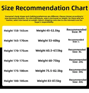 Detailed size chart for men jacket from M to 4XL based on height and weight