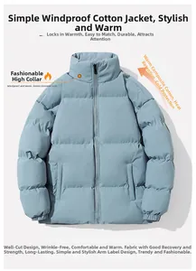Detail view of windproof stand collar on light blue padded jacket with quilted texture