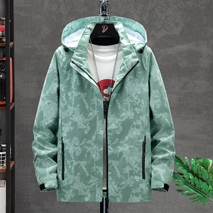 Men's outdoor mint green camo hooded jacket with windproof honeycomb texture and zipper pockets