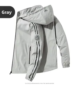 Detail of grey hooded jacket with black sleeve stripes and expedition logo on hood