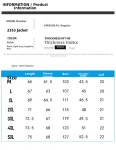 Detailed size chart for men casual hooded jacket showing measurements from M to 5XL