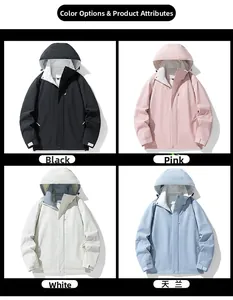 Outdoor hooded jacket color options in black, pink, white, and sky blue colorways