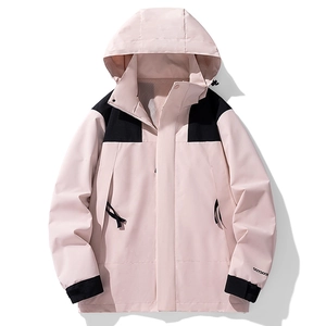 Pink and black hooded outdoor jacket with windproof fabric and mesh lining for hiking