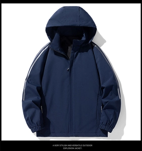 Detail view of navy blue windbreaker sleeve showing gray stripes and running text logo
