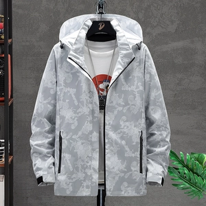 Outdoor hooded windbreaker jacket with white honeycomb pattern and black zipper details