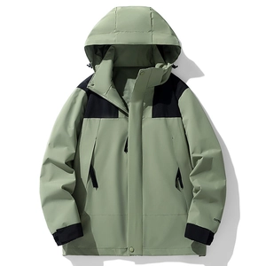 Waterproof bean green outdoor hooded jacket with black contrast panels and windproof hood