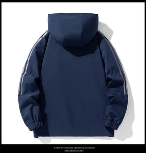 Rear view of navy blue outdoor jacket featuring adjustable hood and striped sleeve details