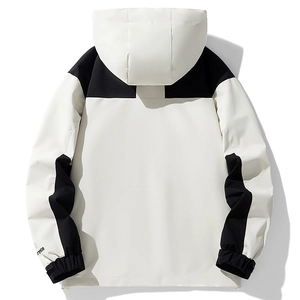 Men's outdoor hooded jacket in black and white contrast windproof fabric, back view