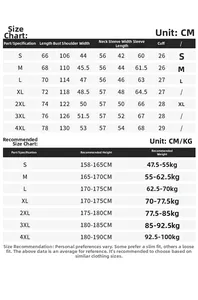 Detailed size chart for men's outdoor jacket showing lengths and chest measurements