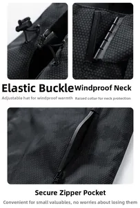 Detail of dark gray outdoor jacket showing honeycomb texture, hood toggle and zip pockets