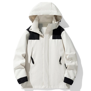 Outdoor hooded windproof jacket in cream and black contrast design with adjustable cuffs