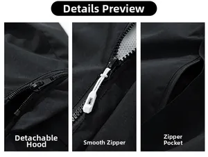 Detail view of the detachable hood, smooth zipper, and secure pockets on a black outdoor jacket