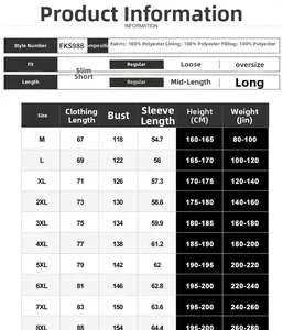 Detailed size chart for men's winter padded jacket showing dimensions from M to 8XL