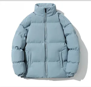 Close-up of light blue padded jacket showing horizontal quilting and stand collar detail