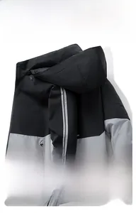 Detail of waterproof zipper and breathable splicing fabric on outdoor hooded jacket