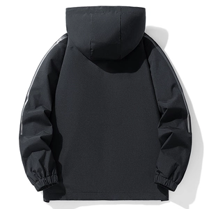 Men's black hooded jacket with windproof fabric and reflective stripes on sleeves