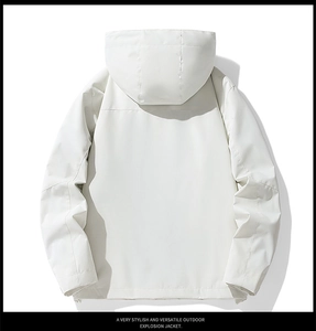 Back view of a stylish off-white outdoor hooded jacket with clean lines and ribbed cuffs