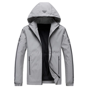 Men's light grey hooded windproof sports jacket with zip pockets and striped sleeves