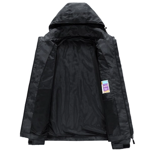 Men's hooded windbreaker jacket in dark camo pattern with breathable mesh lining