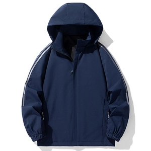 Navy blue men's hooded windbreaker jacket with reflective stripes and full zip closure