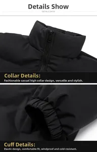 Detail of high collar zipper and elastic cuffs on black winter windproof cotton jacket