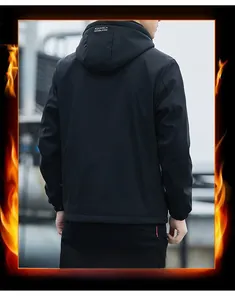 Detail view of the black hooded winter jacket featuring AQUATECH branding on the hood