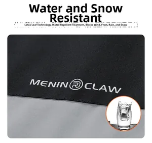 Close-up of waterproof fabric detail with Menin Claw branding on windbreaker jacket