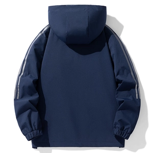Men navy blue hooded windbreaker jacket with reflective stripe design on sleeve back view