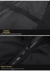 Detail view of winter puffer jacket showing inner security pocket and windproof metal zipper