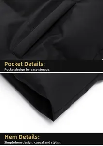 Detail view showing side pockets and straight hem of the black windproof winter jacket