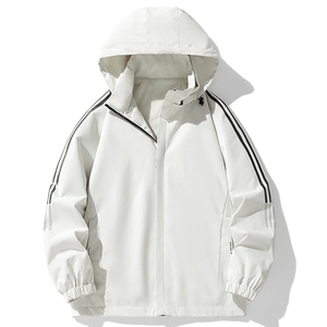 White hooded windbreaker jacket with black stripes and drawstring hood for men