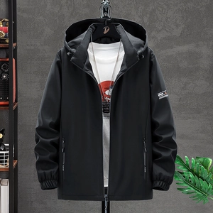 Men's casual black hooded windbreaker jacket with zipper and elastic cuffs