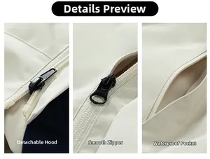 Detail view of cream functional jacket featuring detachable hood and waterproof zipper