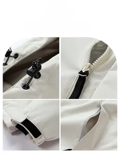 Dettaglio giacca beige con polsini antivento, cerniera in resina e coulisse regolabili