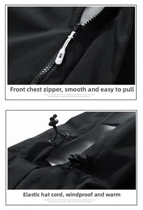 Detail of outdoor jacket showing smooth chest zipper and adjustable elastic hood drawstrings