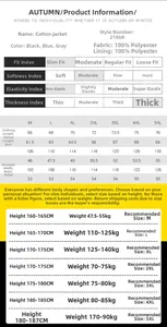 Detailed size chart for men cotton jacket with measurements and material specifications