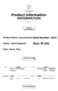 Detailed size chart and material guide for windproof outdoor jacket in black and blue