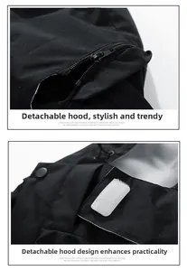 Detail view of the detachable hood with resin zipper and velcro on a black outdoor jacket