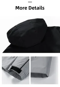Detail view of adjustable velcro cuffs and detachable hood stitching on black jacket