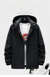 Detail view of the detachable hood design on a black men's windbreaker jacket