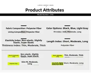 Detailed spec sheet showing polyester fabric composition and size charts for men's jackets