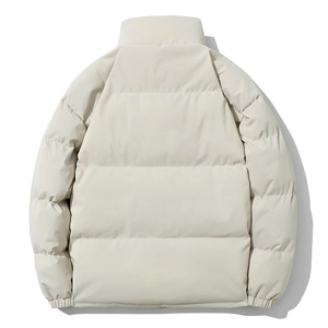 Men's minimalist winter puffer jacket in cream featuring a windproof high stand collar