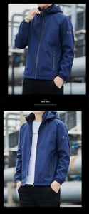 Detail view of men's navy hooded windbreaker with full zip and waterproof fabric