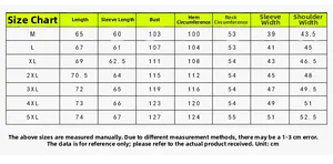 Detailed size chart for men jacket from M to 5XL with specific length measurements
