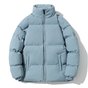 Men's light blue oversized puffer jacket with stand collar and quilted warm padding