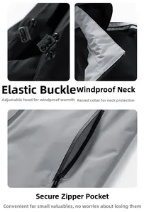 Outdoor jacket detail showing adjustable hood cords, windproof collar and secure zipper pocket
